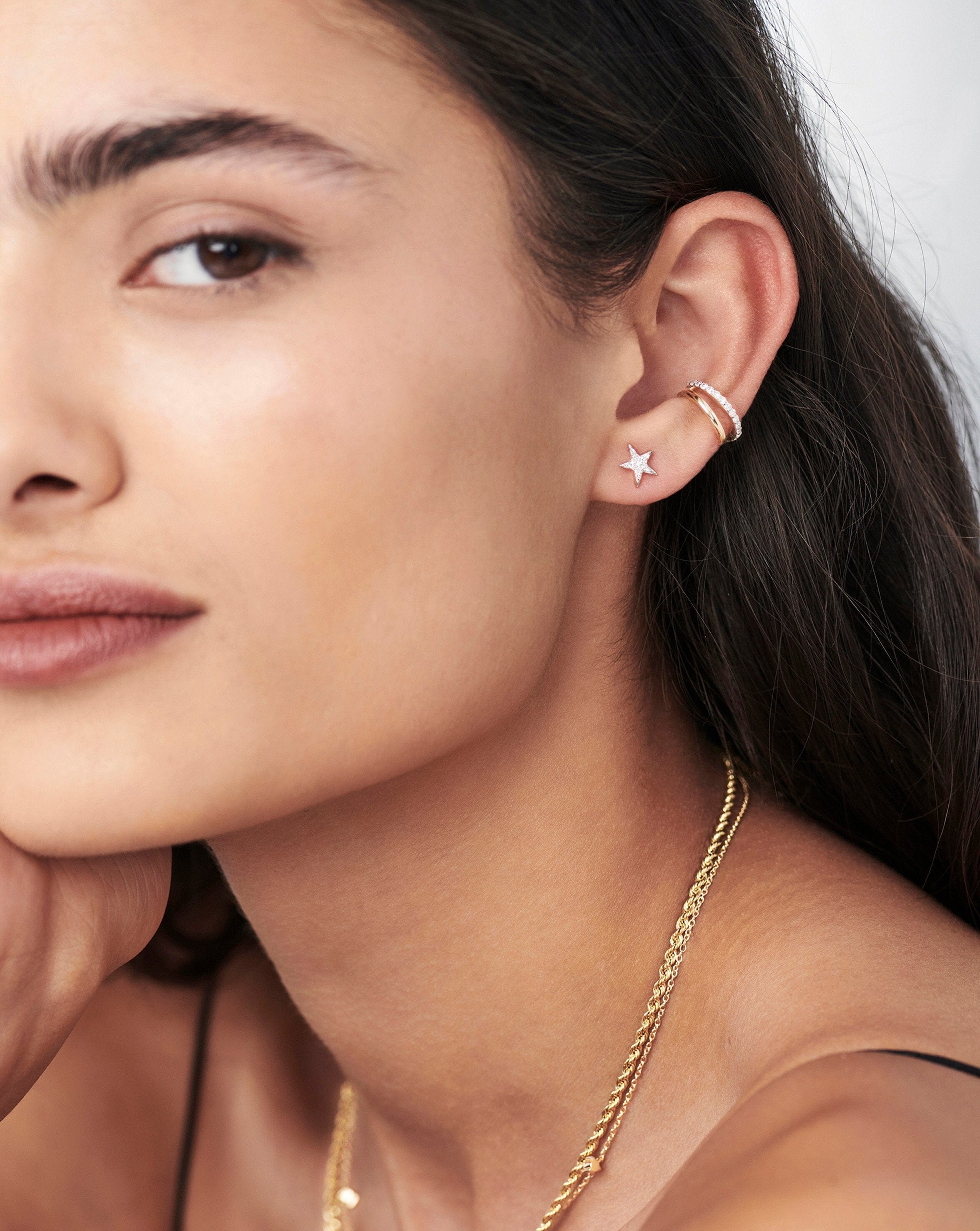 14K Gold Bar Stud Earrings with Pave Diamonds | deBebians